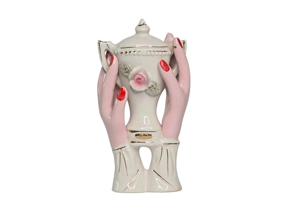 Vintage Hands Holding Vase Mid Century Ceramic, Hands with Red Painted Nails